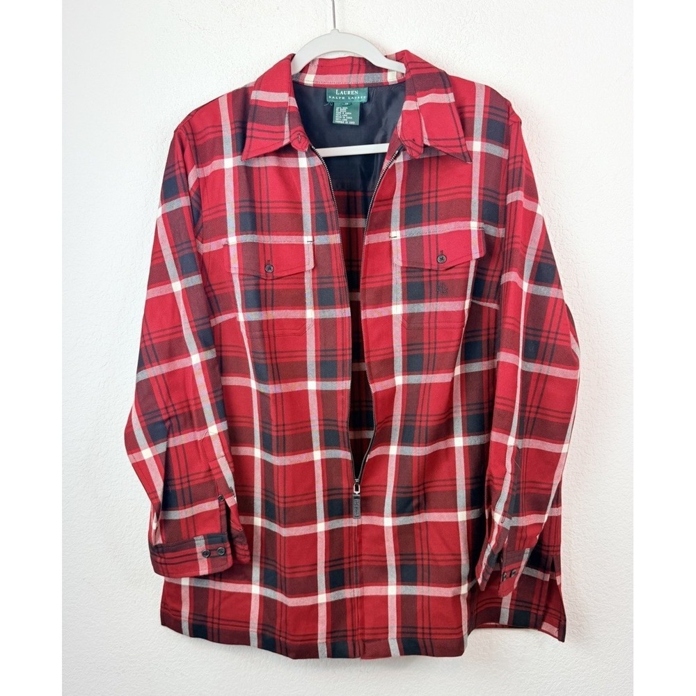 Lauren Ralph Lauren 100% Wool Red Plaid Shirt Zip Front Shacket Sz 1X Cabincore